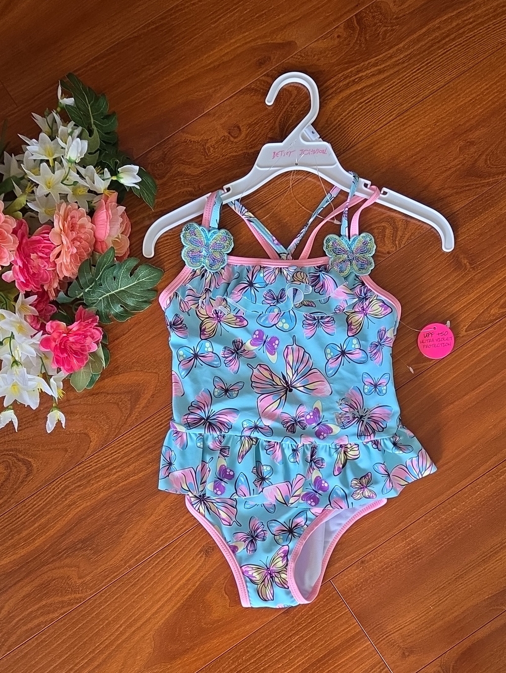 Betsey Johnson Girls Blue Pink Butterfly One-Piece Swimsuit